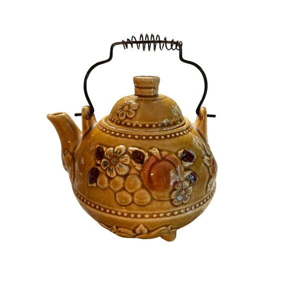 Vintage Japanese Ceramic Teapot Brown Glaze Floral Peach Design Wire Handle - Picture 1 of 11